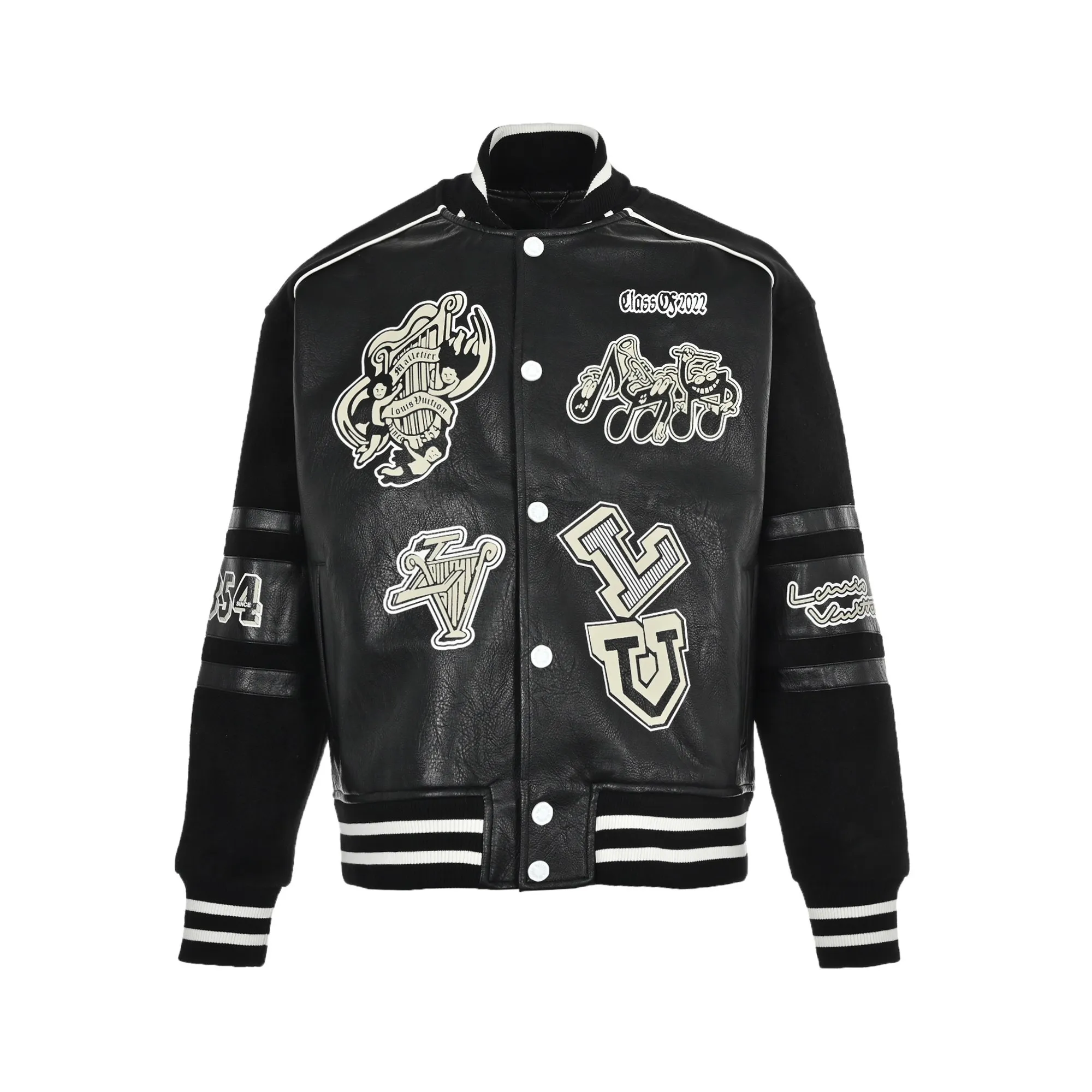 Louis Vuitton/Louis Vuitton 22Fw multi-logo printed leather baseball jacket